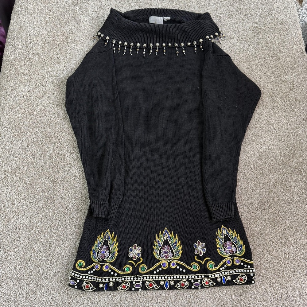 Vintage Ashley Hill Sweater Dress Womens Large Black Beaded Turtleneck Party